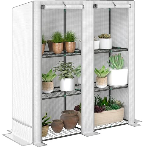 Outsunny Invernadero de Exterior con Techo Inclinado Invernadero Pequeño con 3 Estantes 2 Puertas Enrollables Cubierta de PE y Marco de Acero para Cultivos Plantas Flores 144x48x152 cm Blanco