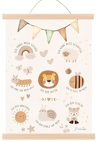 Mutzauber® Poster Affirmationsposter A3 Kinderzimmer Jungen Mädchen | Bilder Kinderzimmer | Motivation Bär Tiere Kinder Babyzimmer Deko | Wandposter Tiere | Tierbilder (A3 inkl. Rahmen)