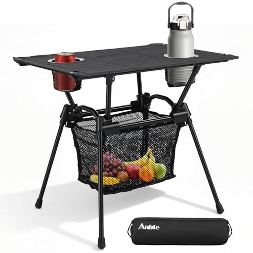 Anbte Ultralight Portable Camping Table, 3.2lb Folding Camping Table with Cup Holders & Storage Net, 20in Height for Camping Hiking Tailgating Beach Picnic Travel Patio, 23 x 16, Black