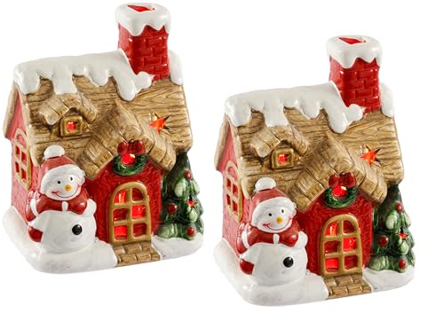 Weihnachtshaus mit Schneemann Tannenbaum und LED-Licht 2er Set 13cm Häuser Deko Lichthaus Weihnachten Weihnachtsdeko Adventsdeko Weihnachtsdorf LED-Licht Leuchtfigur