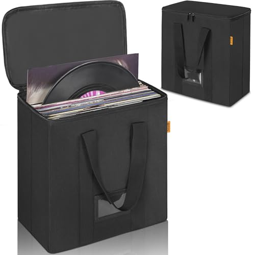 OUUTMEE 12 Pouces Sac de Rangement pour Disques Vinyles avec Fermeture Éclair, Capacité jusqu'à 50 Singles, Étui de Rangement Étanche Pliable - Adapté aux Albums, CD, Documents (Noir)