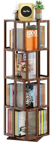 BAMEOS Drehbarer Bücherturm mit 4 Ebenen, 360° drehbares Bücherregal aus Massivholz, braun, Würfelform, Eckregal für Büro, Schlafzimmer und Wohnzimmer