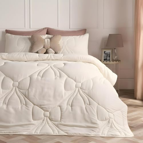 OHS Coverless Duvet Single, Gifts for Women 7.5 Tog Bow Bedding Soft Warm Microfibre Lattice Bow Quilted Coverless Duvet Summer Camping Quilt Comfy Washable Single Duvets with Pillowcase, Ivory