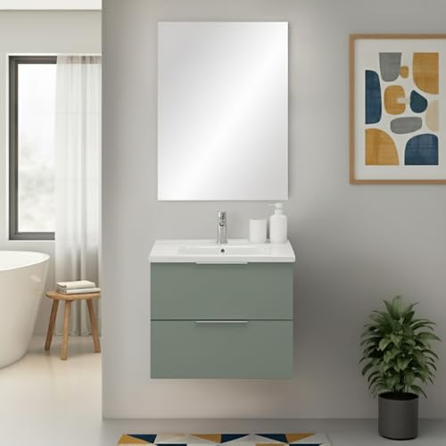 Inbagno Mobile Bagno Sospeso 60 Cm Verde Opaco Con 2 Cassetti Soft-Close Lavabo In Ceramica E Specchio Rettangolare – Linea Elva