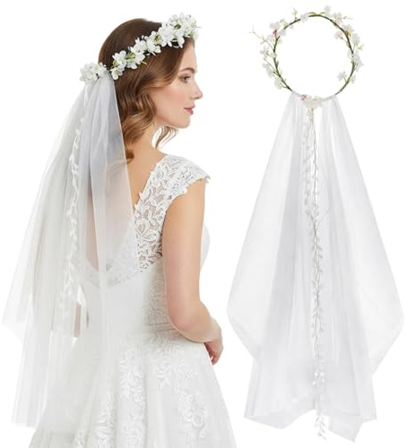 Brautschleier mit Blumenkranz, Eleganter Schleier Braut, Romantischer Schleier für die Hochzeit, Perfektes Brautaccessoire