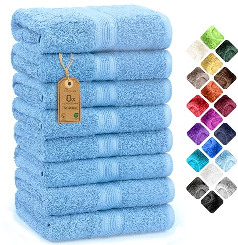 NatureMark 8 Handdukar Set - 100% Bomull - Absorberande och Hållbara Handdukar, Storlek 50×100 cm, Ljusblå