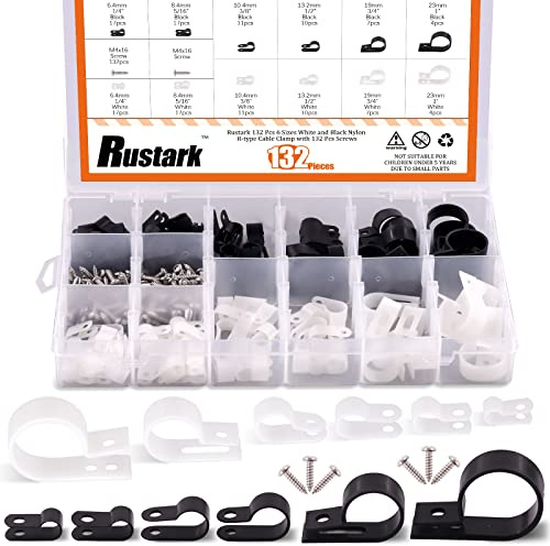 Rustark - Set assortito di fermacavi in nylon tipo R con viti di montaggio e 135 viti per organizzare i cavi