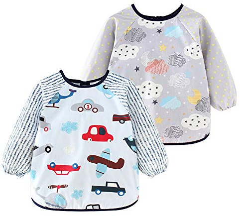 Happy Cherry - Lätzchen Kleinkind mit Lange Ärmeln Wasserdicht Mädchen Jungen für Schule Kindergarten 2 Stück Ärmellätzchen Bastelschürze Baby Malschürze Lätzchen Haus Schürze - 1-2 jahre