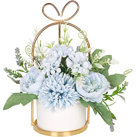 Hobyhoon Konstgjorda sidenblommor med vas, falsk hortensia och krysantemum, blomsterarrangemang för hem, bröllopsdekor, bordsuppsats, vardagsrumsdekoration