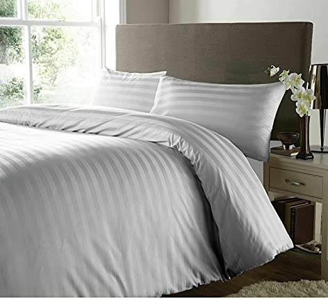 RAYYAN LINEN Satin Stripes Duvet Cover Set Satin 100% Egyptian Cotton 400 Thread Count Luxury Hotel Quality with Pillowcases (Grey Silver, Double)