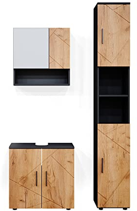 Vicco Badmöbel-Set Irma, Goldkraft Eiche/Anthrazit, 80 cm | besteht aus Waschbeckenunterschrank, Spiegelschrank und Hochschrank