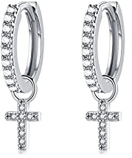 Creolen Silber gold mit Kreuz Anhänger für Damen Herren Mädchen, Creolen Silber 925 Huggies(10mm) mit Zirkonia Ohrringe Gold Knorpel Tragus Schlafen Ohrringe