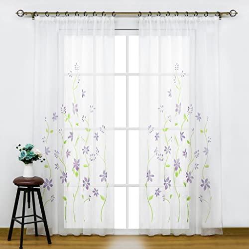 SCHOAL Gardinen mit Kräuselband Transparente Vorhänge Voile Fensterschal Modern Gardinenschal mit Blumen Muster 1 Stück BxH 150x245cm Violett