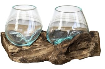 Teak Root with Double Mini Molten Glass Bowl 25x13x10cm Rustic Wood Base Home Decoration