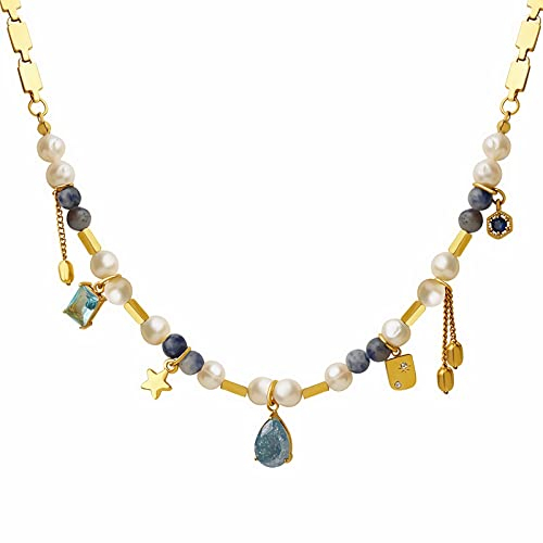 FLUIDABLE Coral 18K Gold Plated Titanium Steel Freshwater Pearls Beaded Charm Gemstones Choker Necklace For Women, 42CM Extender Cube Chain Crystal Drop Pendant Collar Necklace, Gift For Anniversary