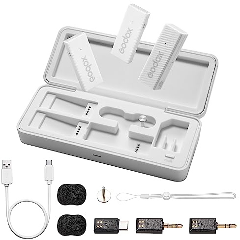 GODOX Movelink Mini UC Kit 2 trådlöst lavalier mikrofonsystem, 2,4 GHz 100 m (328 fot) Trådlös mikrofon med laddningsfodral för mobiltelefon, PC, Android, USB-C, kameror, vlog, TikTok, intervjuer (vit)