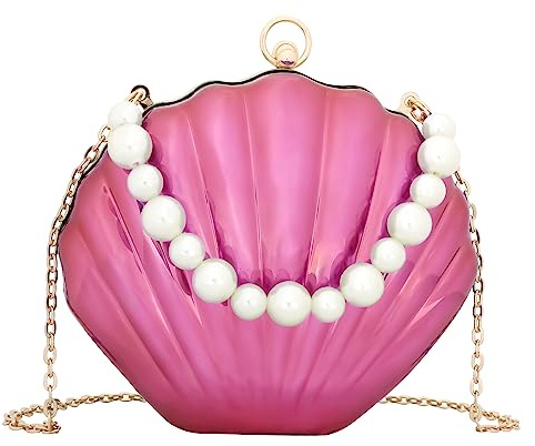 MEGAUK Damen Clutch Muschel Abendtasche Perlen Handtasche Mode Tasche mit Kette für Hochzeit Wedding Prom Party