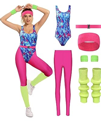 MASSWO Aerobic-Kostüm für Damen, 80er-Jahre-Trainingsanzug, 90er-Jahre-Zubehör-Set, Retro-Jogginganzug, Hüfttasche, Fitnessstudio, Yoga, Laufen, Pink, M