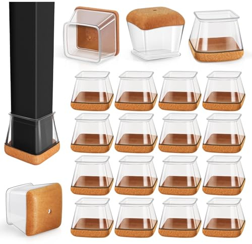RKELA Square Chair Leg Floor Protectors, 16 Pcs, Large Clear | Silicone Chair Leg Covers Caps with Felt Pads for Hardwood Floors, Furniture Feet Protectors Pads, Fit 27-36mm