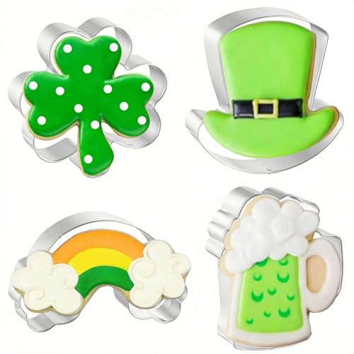JOB JOL Shamrock Cookie Cutters 4 PCS, 3'', 3.5'', 4'', with Rainbow, Beer Mug, Top Hat, for St.Patrick's Day