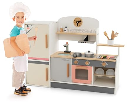 COSTWAY Cucina Giocattolo per Bambini, Set da Cucina in Legno con Cappa Aspirante e Frigorifero Realistici, con Utensili da Cucina in Legno, per Bambini 3+ Anni