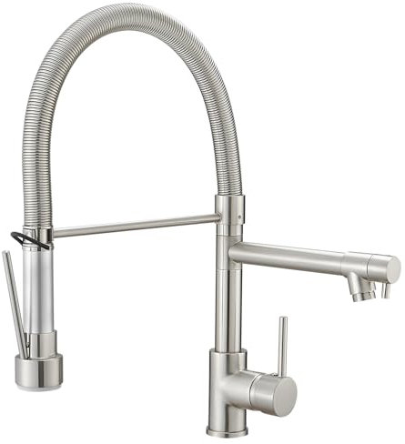 TIMACO Wasserhahn Küche mit Schloss Brause Ausziehbar - 360° Schwenkbar Küchenarmatur mit Spiralfeder,Einhebel Mischbatterie - Hochdruck Spültischarmatur-Gebürstetes Nickel