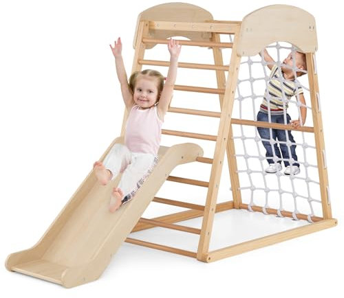 GYMAX 4 in 1 Kids Climbing Set, Wooden Toddler Climber with Adjustable Slide, Climbing Net & Monkey Bars, Children Playground for 1 Year Old + (Natural)