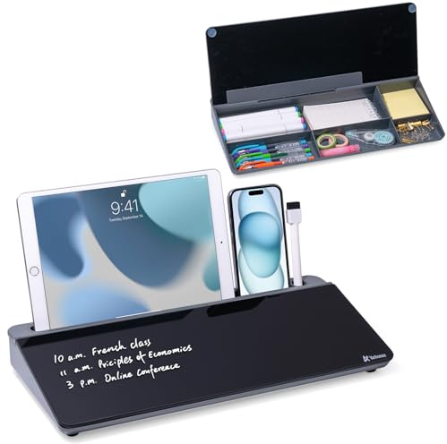 Varhomax Glass Desk Whiteboard with Storage, Desktop Dry Erase White Board to-do List Memo Keyboard Stand Desk Organizers for Home Office and School Supplies