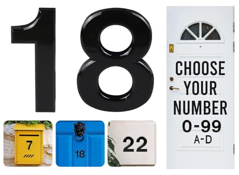 Black Door Numbers Stick On, 0-99, Letters A, B, C, D, 3'' House Numbers Self Adhesive Stickers, For Doors, Mail Boxes, Hotel Rooms (18)