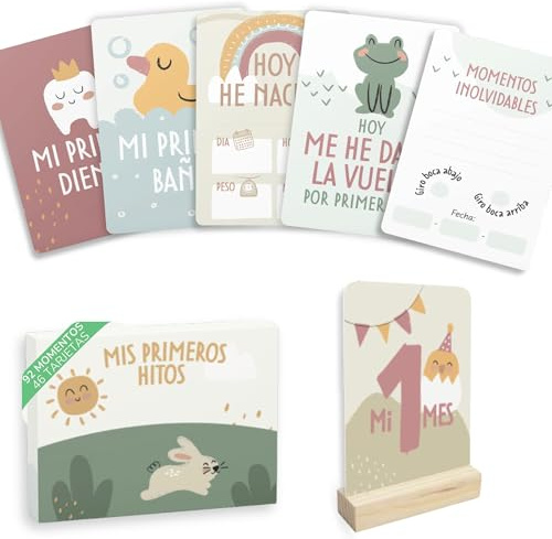 HUBORNS – Tarjetas Cumple Mes Bebé de Mis Primeras Veces | Set de 46 Tarjetas Para Fotos y Recuerdos, Regalo Original para Recién Nacidos, Padres Primerizos, Caja Premium de Regalo