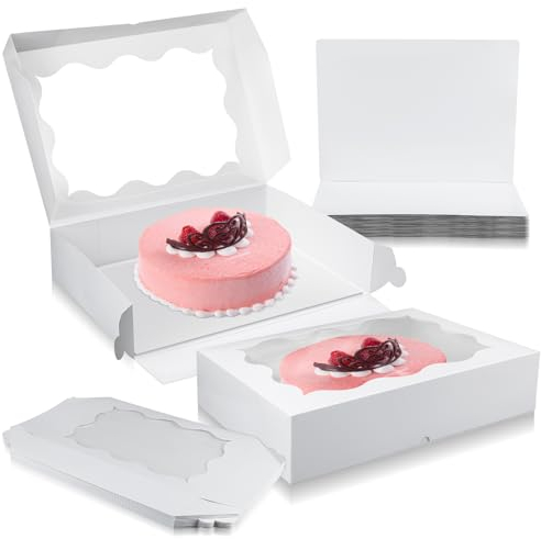 Newtay 12 Pack Half Sheet Cake Boxes with Cake Boards 19 x 14 x 4 Inch White Rectangular Bakery Boxes with Window Disposable Cake Carrier Containers for Cakes