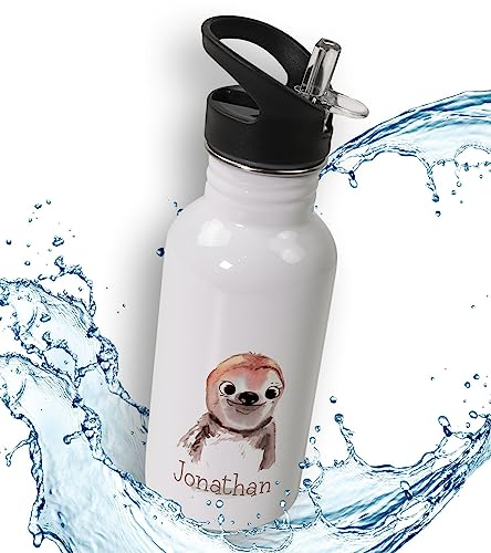 timalo® Trinkflasche für Kinder personalisiert mit Namen | auslaufsichere Edelstahl Sportflasche Kindergarten mit Tieren Geschenk für Jungen und Mädchen 600mL | 20-Faultier