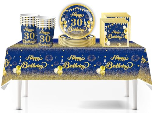 41Pcs Navy Blue Gold Happy 30th Birthday Party Tableware Set - Plastic Table Cloth, Paper Plates, Napkins - Birthday Table Decorations Disposable Kit for Men Women