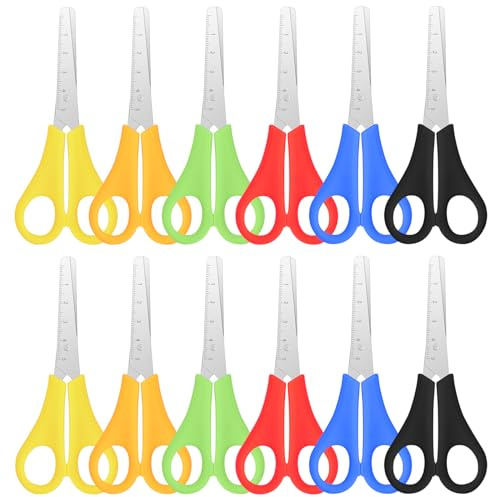Shengxi 12 Stück Kinderscheren Set mit 5 cm-Maß Runde Spitze Schere für Rechtshänder und Linkshänder Bastelschere Papierschere Anfängerschere aus Rostfreiem Stahl 13 cm, Farbig Sortiert