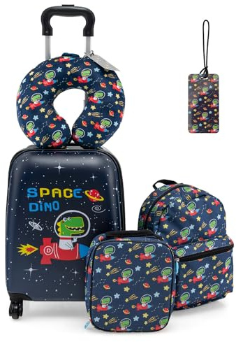 SOARS Maleta Infantil de 5 Piezas, Maleta Viaje con Mochila, Cojín Cervical, Bolsa de Almuerzo y Etiqueta de Equipaje, Equipaje Infantil con Ruedas y Asa Telescópica, para niños y niñas (Astronauta)