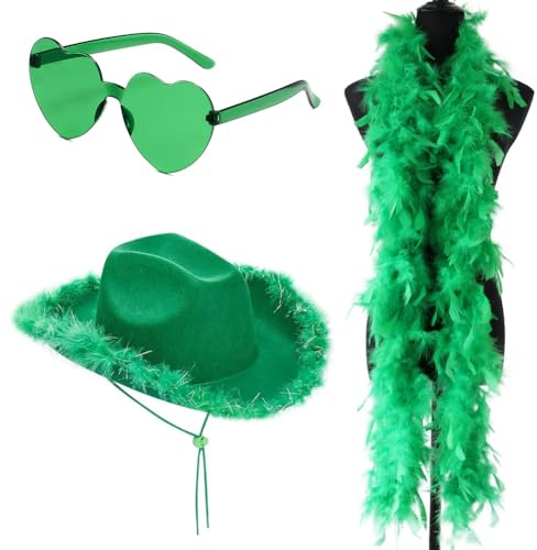 HYMBCFW Cowboyhut & Cowgirlhut-Set mit Federschal und Herzbrille deduction, perfekt für Cosplay, Party, Karneval, Grün