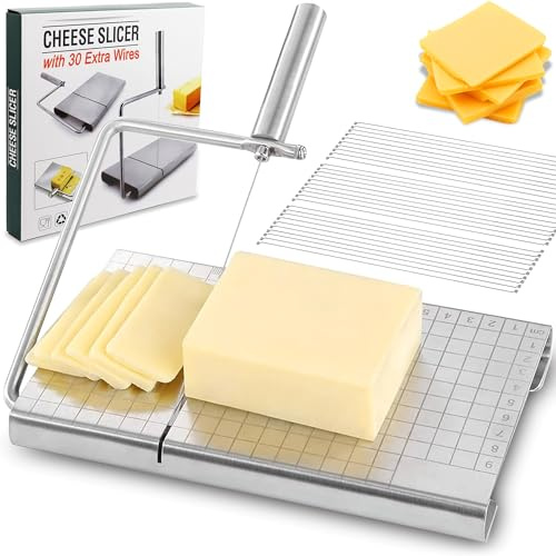 Cortador de queso, cortador de queso de alambre de acero inoxidable con 30 cables de repuesto para quesos en bloque