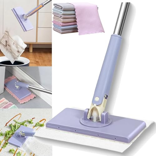 Mini balai à changement automatique de tissu, balai à poussière plat mains libres, mini balai à franges compatible avec les serviettes de visage, pour salle de bain, cuisine (violet, standard (71 cm)