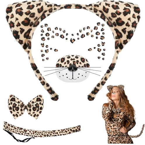 QUANMAITONG Fasching Damen Karneval Kostüm Leoparden Ohren Haarreif,Leopard Kostüm Schwanz Und Fliege Katzenohren Haarreif,Leo Ohren Tierkostüm Damen Gesichtstattoo Party Dekoration
