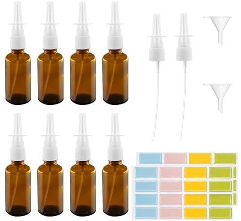 Lot de 8 flacons de spray nasal vides en verre de 30 ml - Marron - Réutilisables - Avec buse de rechange, étiquettes, entonnoir, pour parfum, huiles essentielles, solution saline