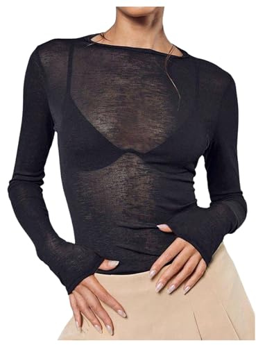 RoseSeek Women's Sheer Mesh Long Sleeve T Shirts Boat Neck Slim Fit Tee Tops Going Out Tops See Through Shirts Black Small