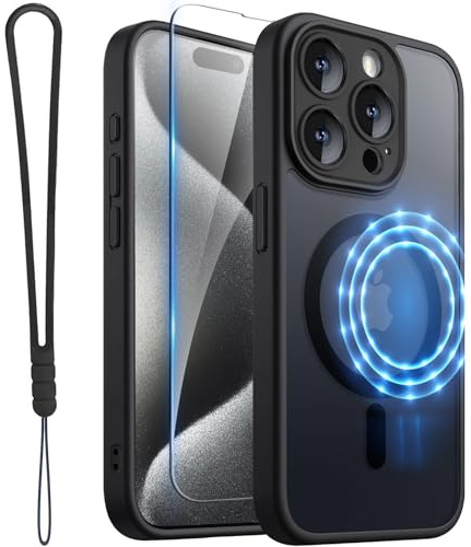 ROYBENS for iPhone 15 Pro Matte Clear Case Compatible with Magsafe, Full Camera Lens Protection, Screen Protector, Wrist Strap, Translucent Magnetic Slim Hard Protective Phone Cover, Black