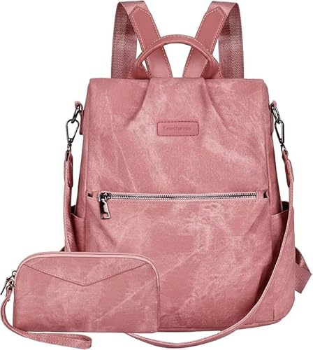 Leathario Zaino Da Donna Antifurto e a Prova di Spruzzi, Zainetto Multifunzionale in Pelle Vegana, Borsa Casual ed Moda per Viaggio, Scuola, Lavoro, Shopping, Visite e Università Rosa