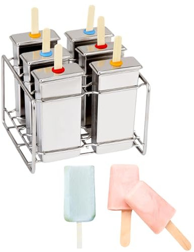 Lot de 6 moules à glace en acier inoxydable avec support réutilisables en métal avec 50 bâtonnets (argenté 3)