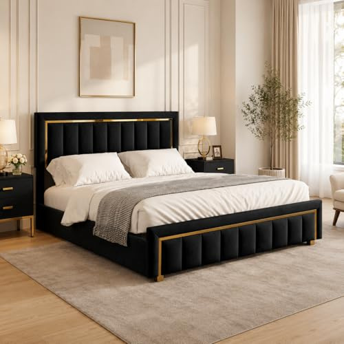 Polsterbett Doppelbett 140 x 200 cm, Gepolstertes bett mit Stauraum, Hydraulikmechanismus & Eleganten goldenen Akzenten, Perfekt für stilvolle Schlafzimmer, Samt, ohne Matratze (Schwarz, 140x200cm)