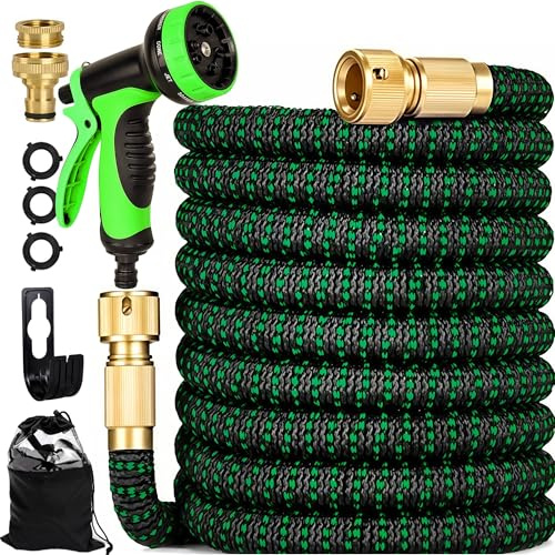 Expandable Garden Hose Pipe, Upgraded 3-Layer Latex No-Kink Flexible Water Hose, 3/4&1/2 Metal Connectors, With10 Function Spray Nozzle for Gardening and Cleaning (50FT)