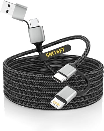 Cable de Carga Extra Largo para iPhone de 5M, 4 en 1 con Certificación MFi Trenzado 15FT Cable de Carga Rápida de 60W Multifuncional Lightning/Tipo C/USB A para iPhone 16/15/14, iPad, Samsung, Android