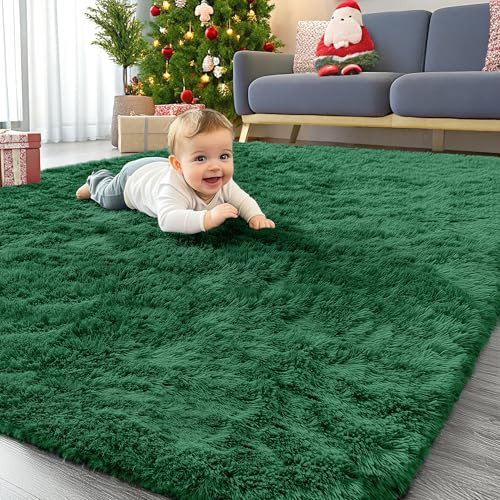 Homaxy Hochflor Waschbar Groß Teppich Wohnzimmer 120 x 160 cm, Dunkelgrün | Anti-Rutsch Unterseite Teppiche, Flauschig Teppich fürs Kinderzimmer, Schlafzimmer