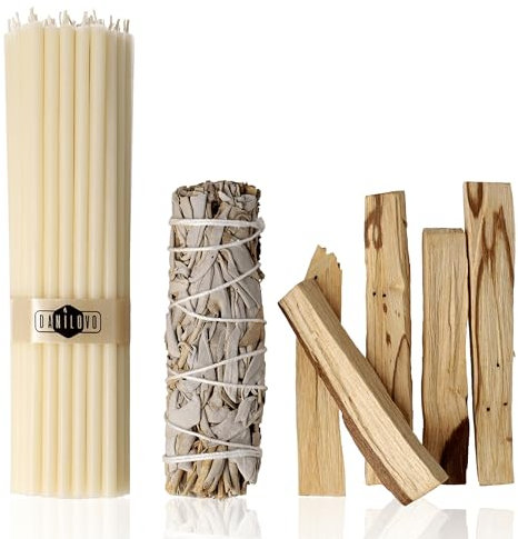 Danilovo Räucherset Hausreinigung: 5 Palo Santo Räucherholz, 1 Weißer Salbei zum Räuchern und 50 Bienenwachskerzen - Ideal für Entspannung, Meditation, Raumreinigung, und Aromatherapie