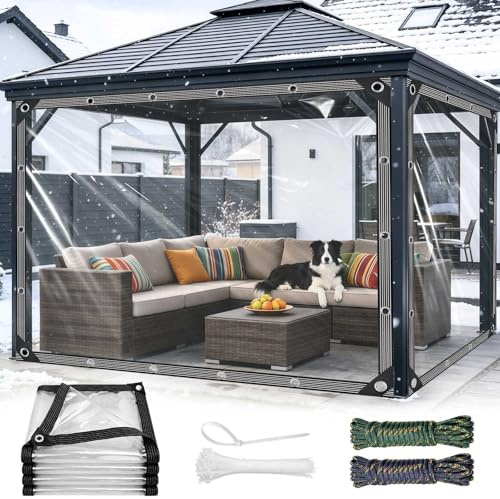 3m x 5m Clear Tarpaulin Waterproof Heavy Duty Transparent Tarpaulin with Eyelets and Rope Tear Resistant 420 g/m² PVC Clear Tarp for Gazebo Balcony Rabbit Hutch Greenhouse Chicken Coop